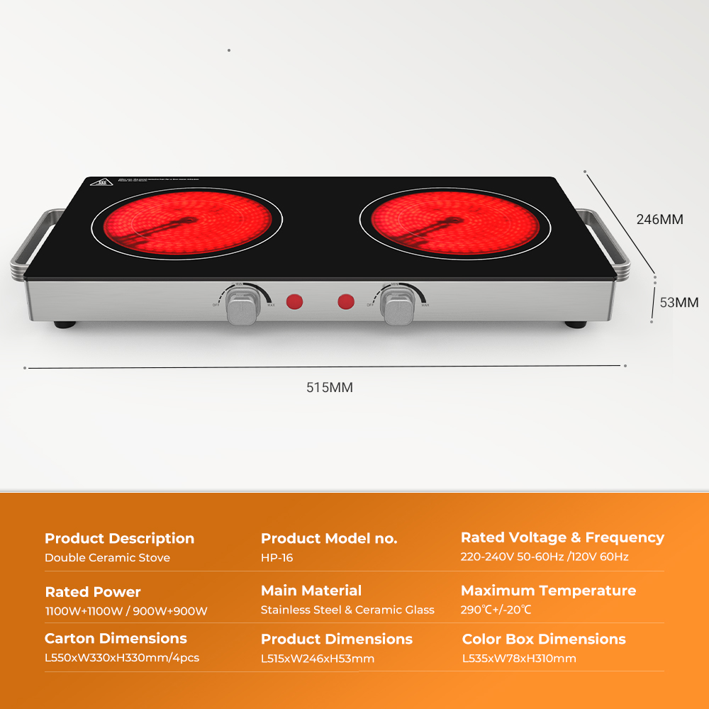 Glass-Ceramic Double Infrared Hot Plate | stainless steel constructionl Fast easy to use|HP16