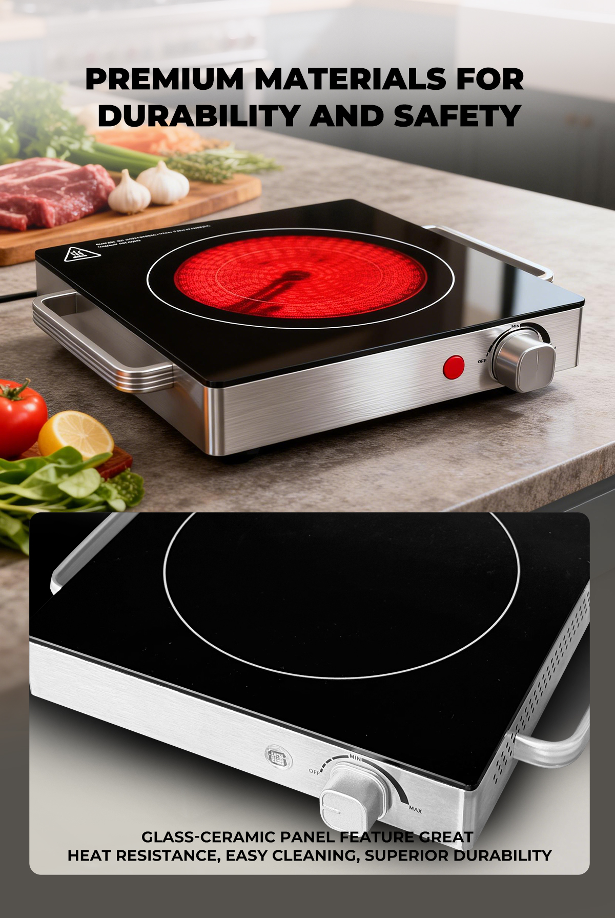 Fast Heating 1100W Portable 1 Burner Home Hot Plate with Ceramic Surface Knob Control HP15