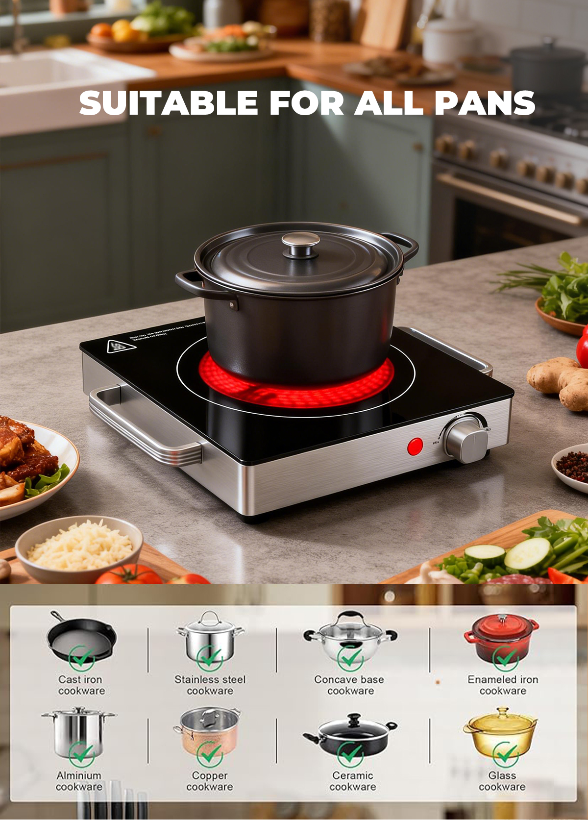 Fast Heating 1100W Portable 1 Burner Home Hot Plate with Ceramic Surface Knob Control HP15